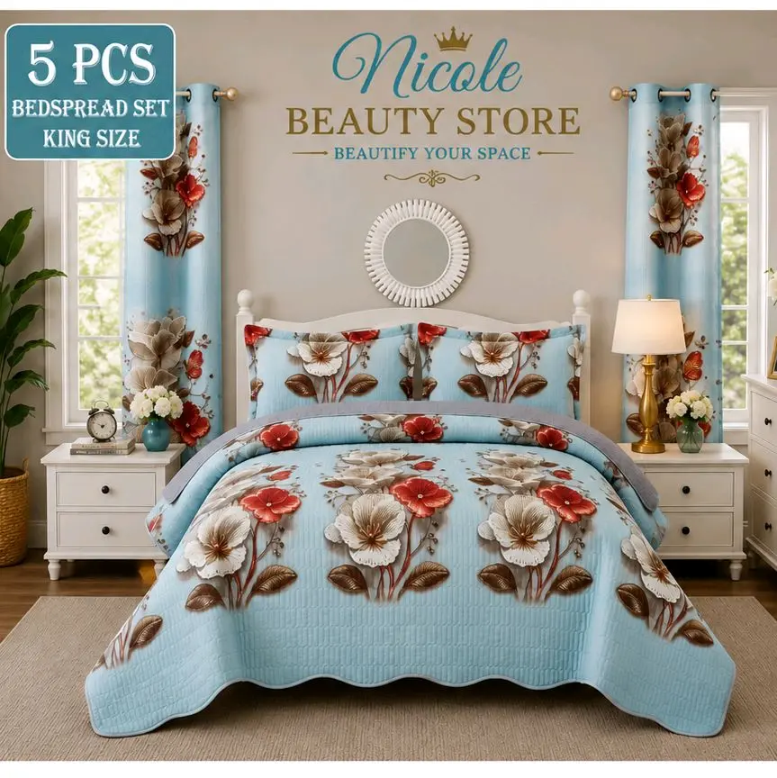5 Pieces King Size Bedspread Set with Matching Curtains – Luxury Floral Bedding Collection