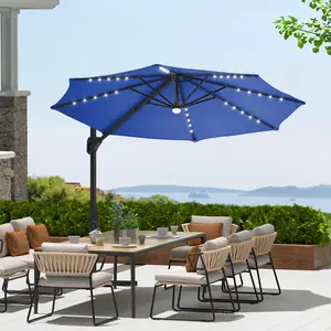 YJ-Garvee 10FT Offset Patio Umbrella with Solar Lights, Base & Crank Handle, 360° Rotation, Easy Tilt Adjustment, Ideal for Pool, Deck, Garden, Backyard in Navy Blue, Beige, and Tan
