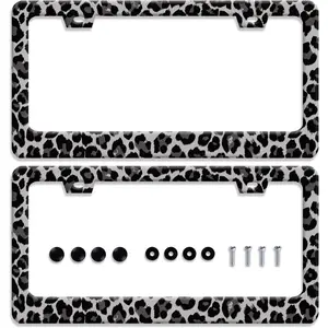 [2pcs] Black Gray Leopard Print License Plate Frame Beautiful Cheetah Print License Plate Holder Funny Stainless Steel Accessories Cars Decor with 2 Holes Fits Standard Us Ca Vehicles 12.2 X 6 Inch