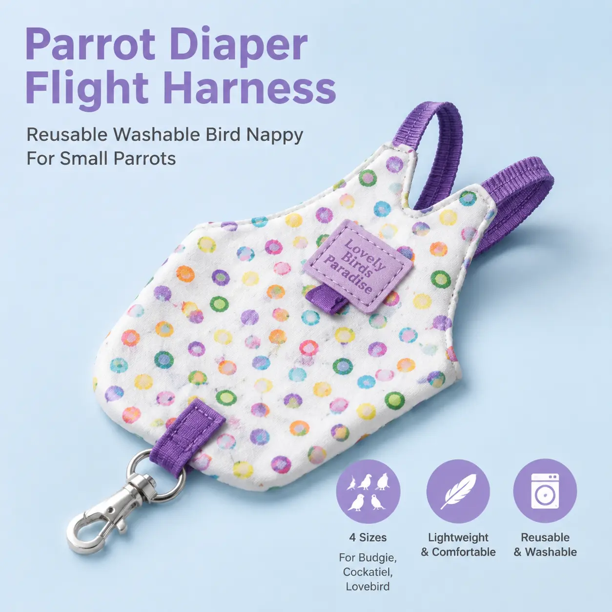 Adjustable Parrot Diaper Flight Suit with Adjustable Snaps - Reusable Bird Nappy Harness for Birds (Students, Breeders), Breathable Cotton Fabric, Leak-Proof, Machine Washable, Built-in Leash Hook, S-XL Sizes for Small Parrots