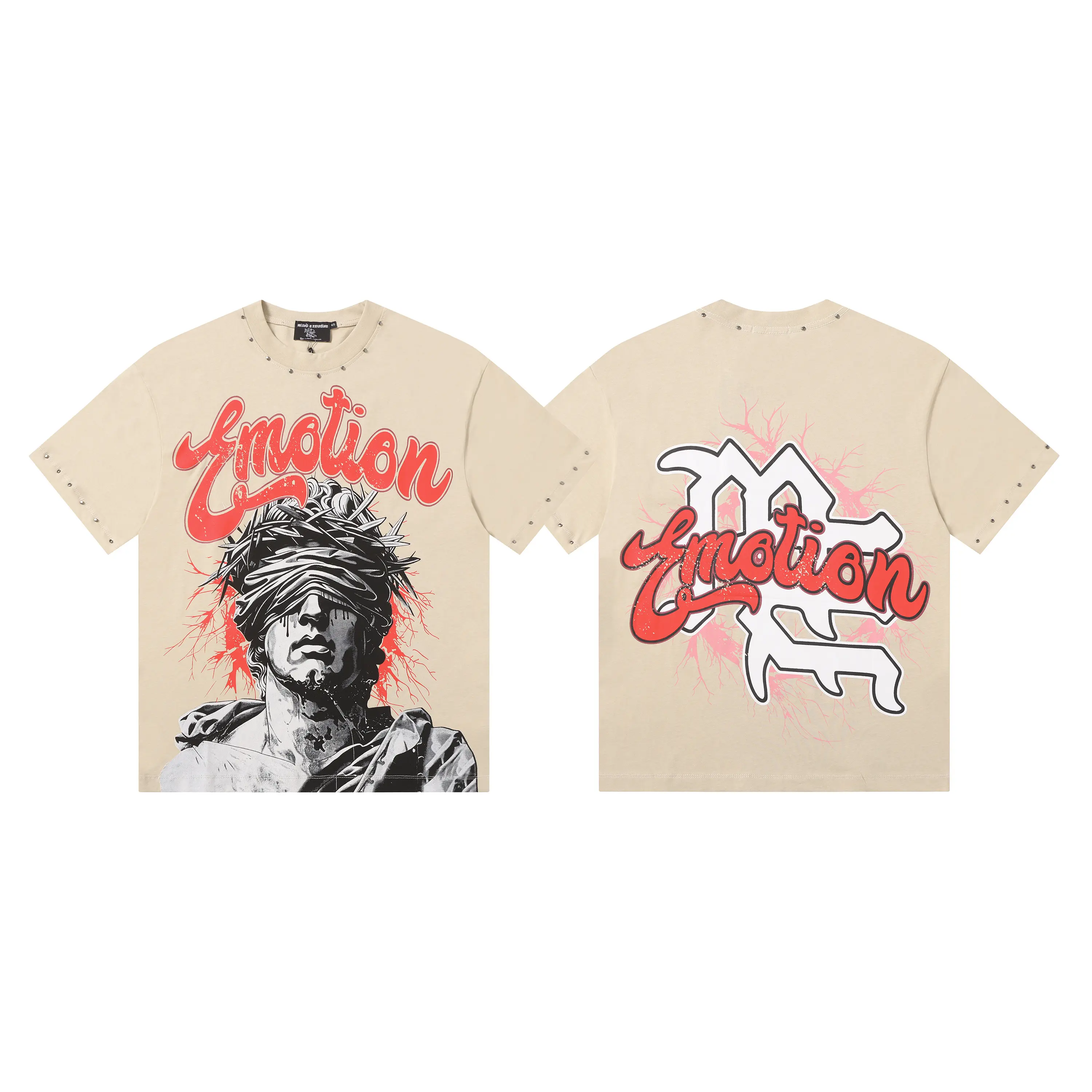 MIXED EMOTION 100% Cotton Certified Blindfold Statue Graphic Tee Rhinestone Collar Heavyweight Standard Fit T-Shirt