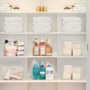 4 Pack Extra Large Clear Plastic Storage Bins,11x11 Cube Acrylic Organizer Square Containers with Handle for Pantry,Closet,LaundryRoom,Kitchen,Bathroom,UnderSink Organization Boxes