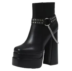 Women Streetwear Platform Boots Chunky Block Heel Ankle Boots with Rivets and Chains Chic Square Toe Fashion Boots 2026