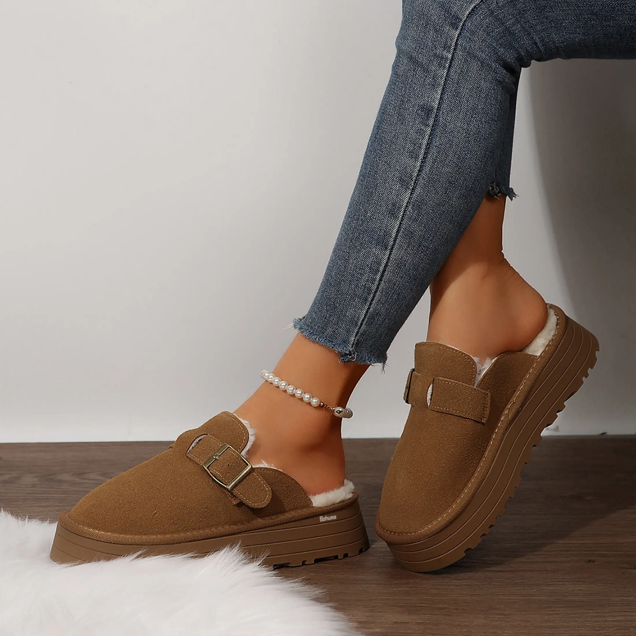 Women's Comfortable Faux Suede Buckle Clogs - Plush Lined  Mini Snow Boots Platform Sole Indoor Outdoor Shoes Perfect for Cold Seasons