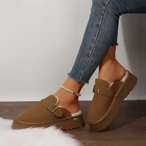 Women's Comfortable Faux Suede Buckle Clogs - Plush Lined  Mini Snow Boots Platform Sole Indoor Outdoor Shoes Perfect for Cold Seasons