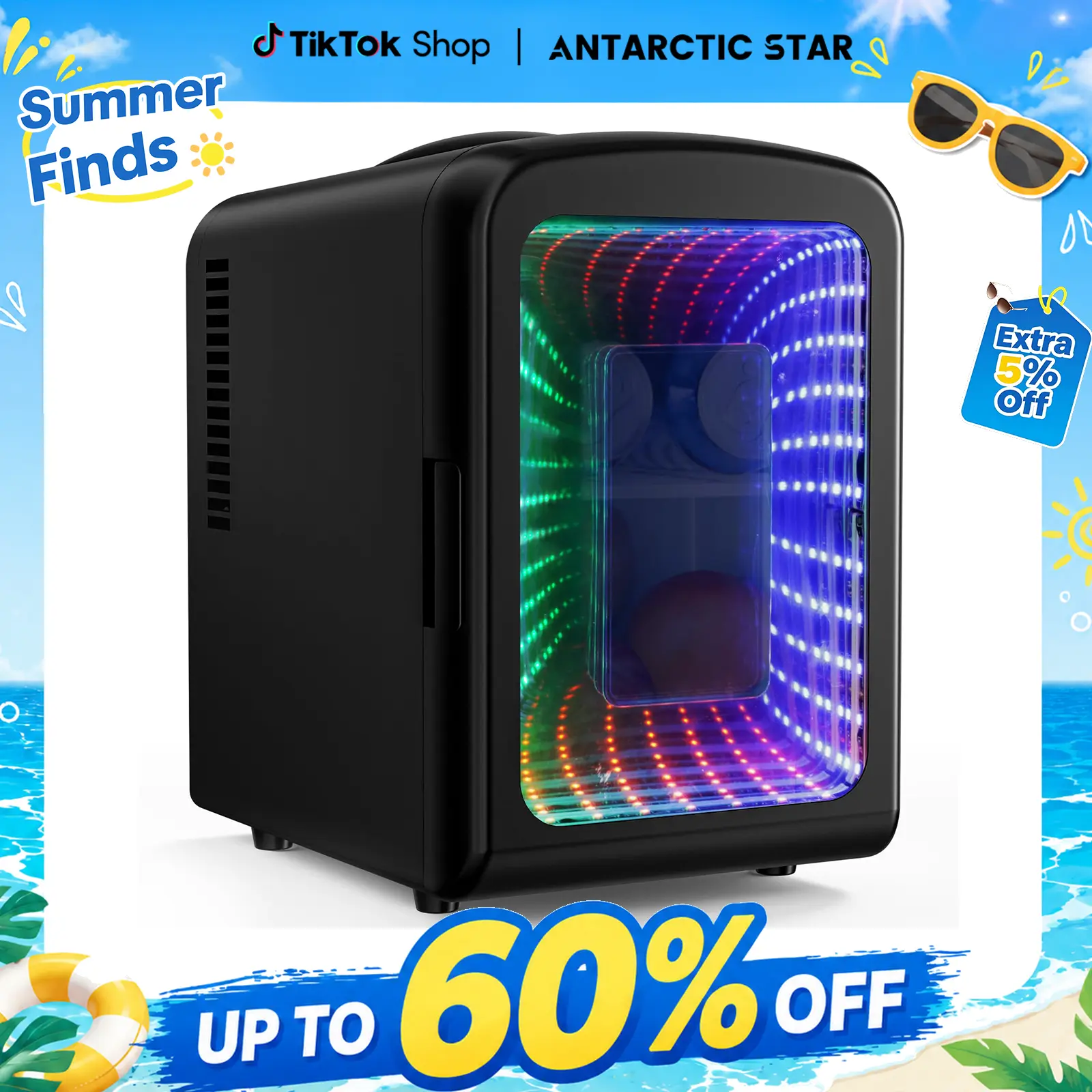 Antarctic Star 4L Mini Compact Refrigerator with Gaming Light: 6-Can Portable Cooler for Bedroom, Car, Office, Dorm - Cosmetics, Beverage & Food Storage Note: internal temp varies with ambient temp.