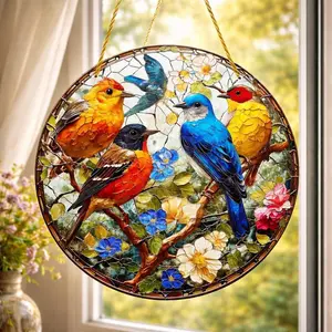 Colorful Bird Stained Glass Suncatcher | Round Window Hanging | Floral Bird Art | Sun Catcher Home Decor Gift