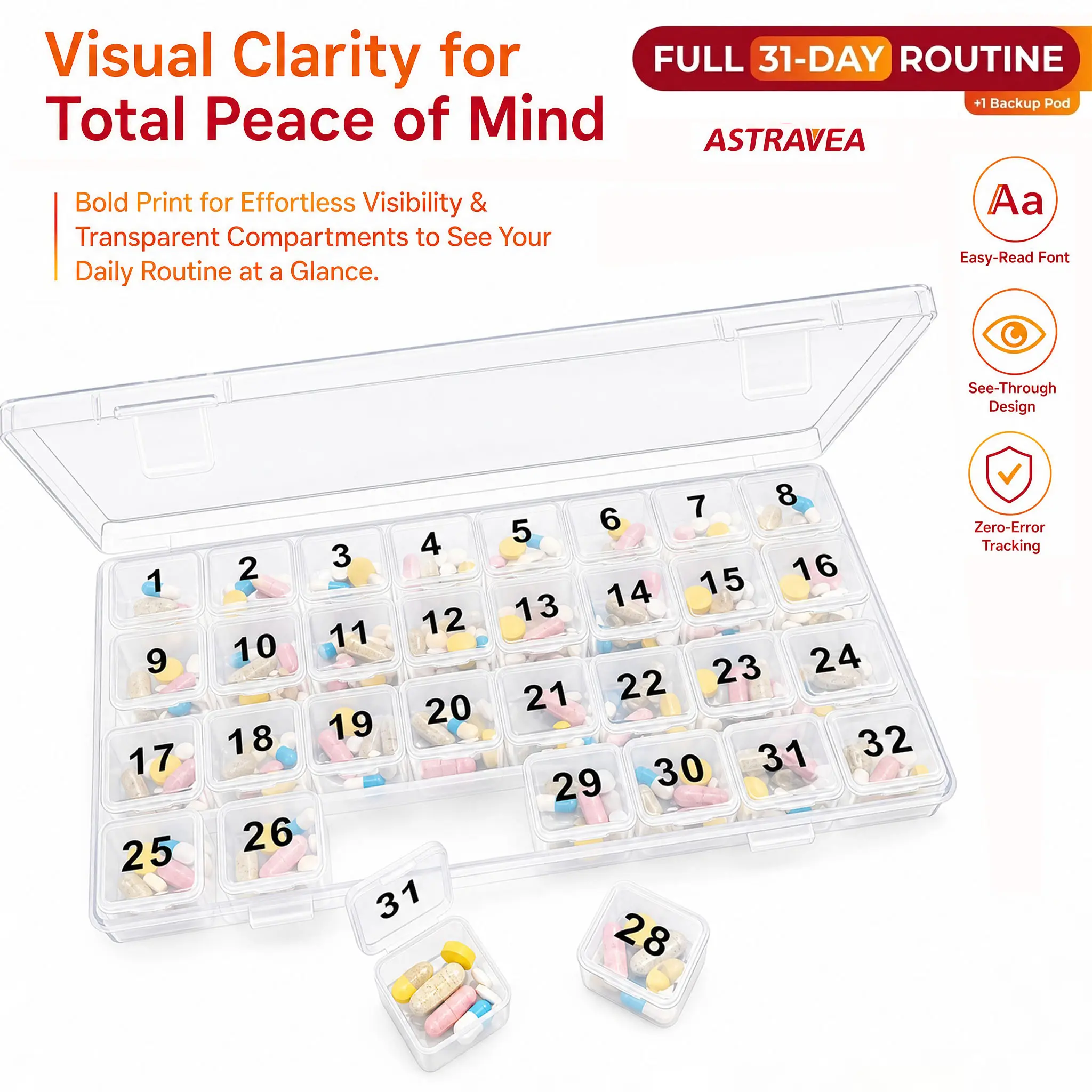 ASTRAVEA 31 Day Monthly Pill Organizer Box, Daily Pill Case with Large Compartments & Easy-Open Lids for Travel & Home  medicine