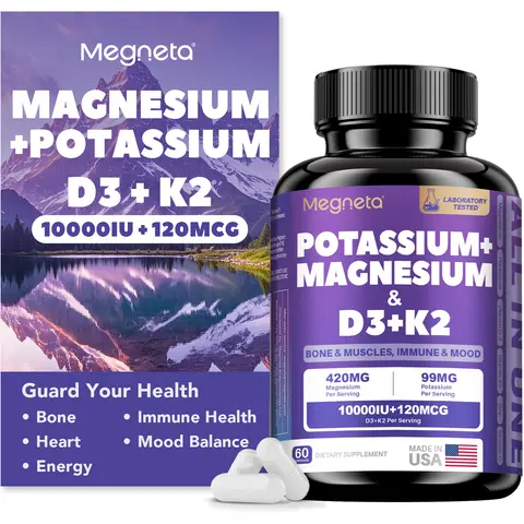 Magnesium, Potassium, Vitamin D3 & K2 10,000 IU Supplement – Supports Bone, Heart & Immune Health – Promotes Mood & Energy – Enhanced Absorption, Non-GMO, Vegan – 60 Capsules for Men & Women