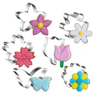 6Pcs Spring Flowers Cookie Cutters, Sunflower Dasiy Rose Tulip Shapes Biscuits Molds Stainless Steel Cutter Set for Mother's Day, Father's Day, Valentine's Day, Thanksgiving