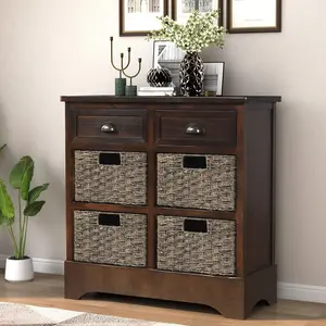 Storage Cabinet with 2 Drawers and 4 Rattan Baskets, 28" Rustic Sofa Console End Table with Large Storage Space for Entryway Dining Room Living Room, Acacia Wood Frame with MDF Panels