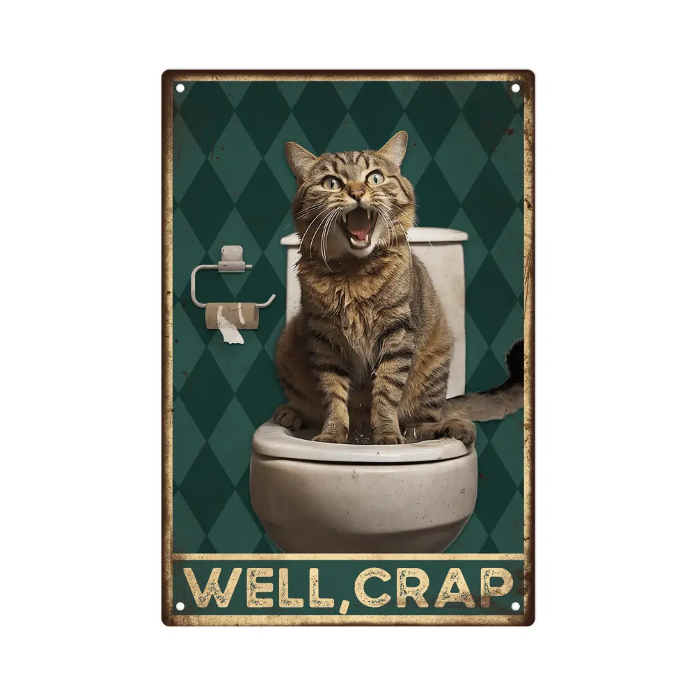 1pc Putuo Decor Vintage Metal Tin Sign - "Well, Crap" Cat in Toilet, Humorous Wall Art for Bathroom or Home Decor, 7.8 x 11.8 Inches, Rustic Green and White Design, Bathroom Decor
