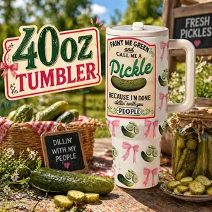 1 Pc 40oz Funny Pickle Quote Thermal Mug, Stainless Double Wall Insulated, Keeps Hot 12h Cold 24h, Leak Proof Lid, Large Capacity Vacuum Cup with Handle, Cute Bow Cucumber Design Gift for Women Men, Christmas, Halloween, Birthday, Holiday Party, Tumbler