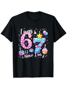 7th Birthday Shirt for Boys & Girls - "I Was 6 Now I'm 7" T-Shirt with Number 7 Print, Round Neck Short Sleeve Cotton Top for 7 Year Old, Casual Birthday Outfits & Casual Attire Suitable for Boys Girls (3-13Y)