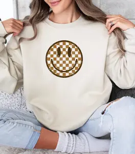 Checkered Smiley Sweatshirt | Smiley Face Sweatshirt, Gift For Her, Retro Sweatshirt, Trendy Crewneck, Graphic Crewneck