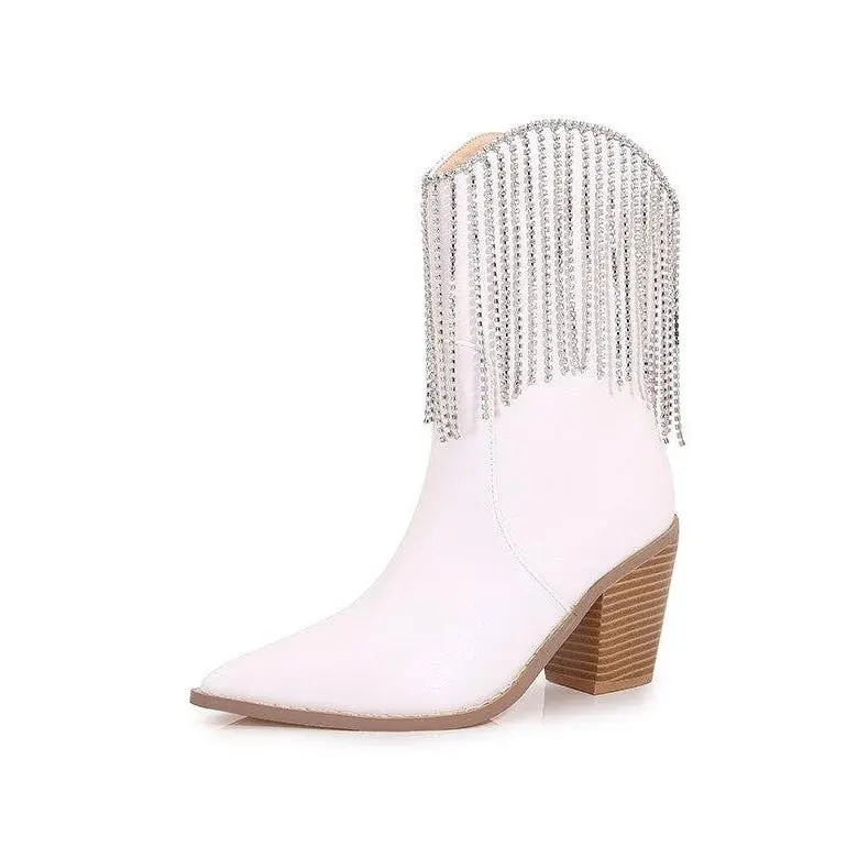 Rhinestone Fringe White Boots