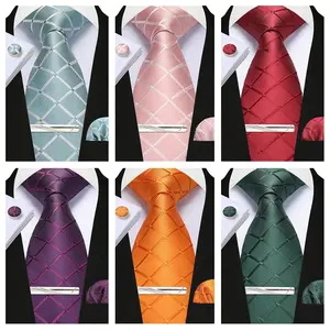 100% Silk Ties for Men Plaid & Checks Tie Clip Handkerchief Woven Classic Men's Necktie Pocket Square Set Formal Wedding Ties