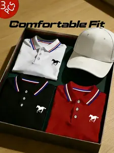 Men's Polo Shirt Set, Casual Fashion Home Wear, Business Style, Solid Color Short Sleeve Horse Print, Summer New, Breathable Daily/golf Shirts