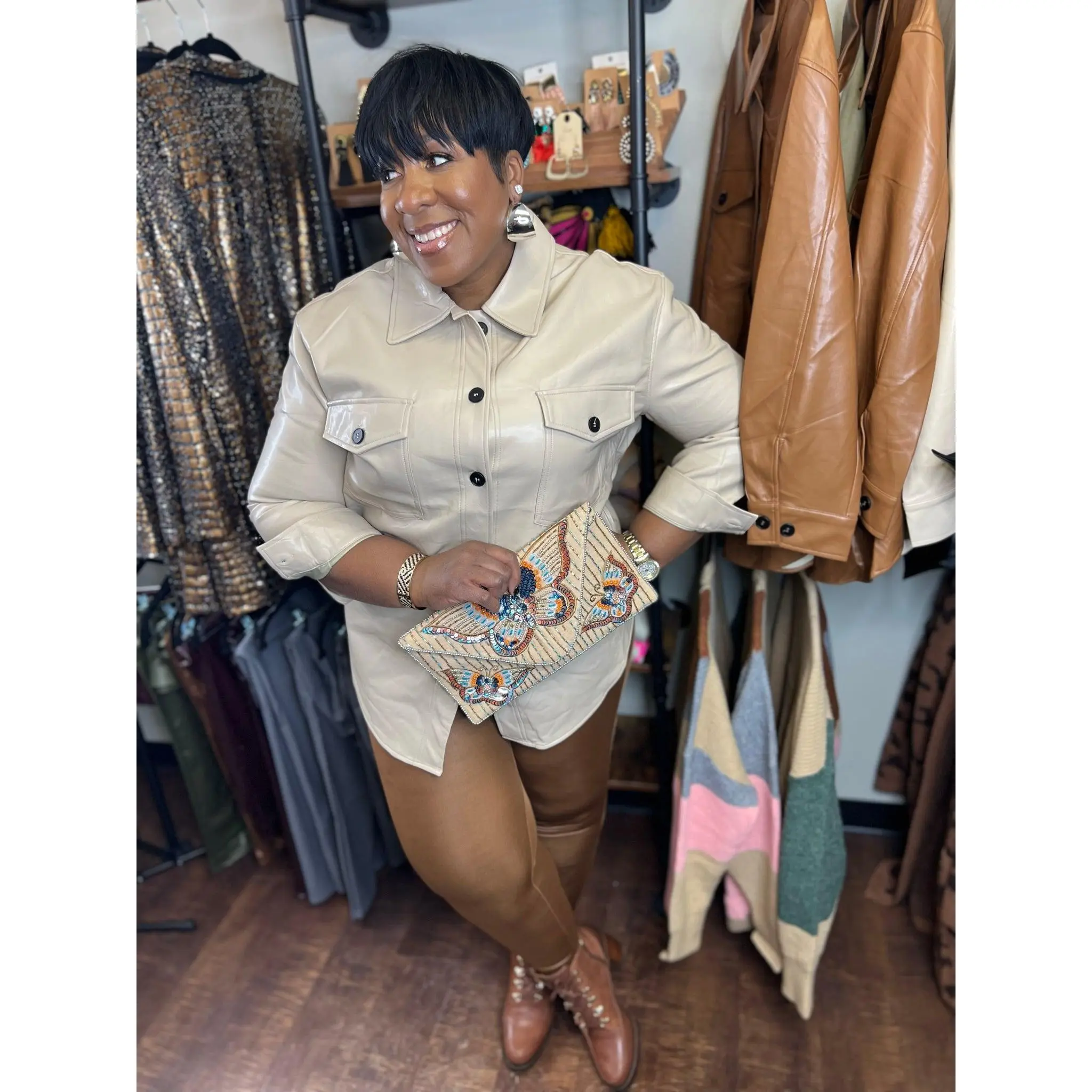 Cream Faux Leather Button Shirt