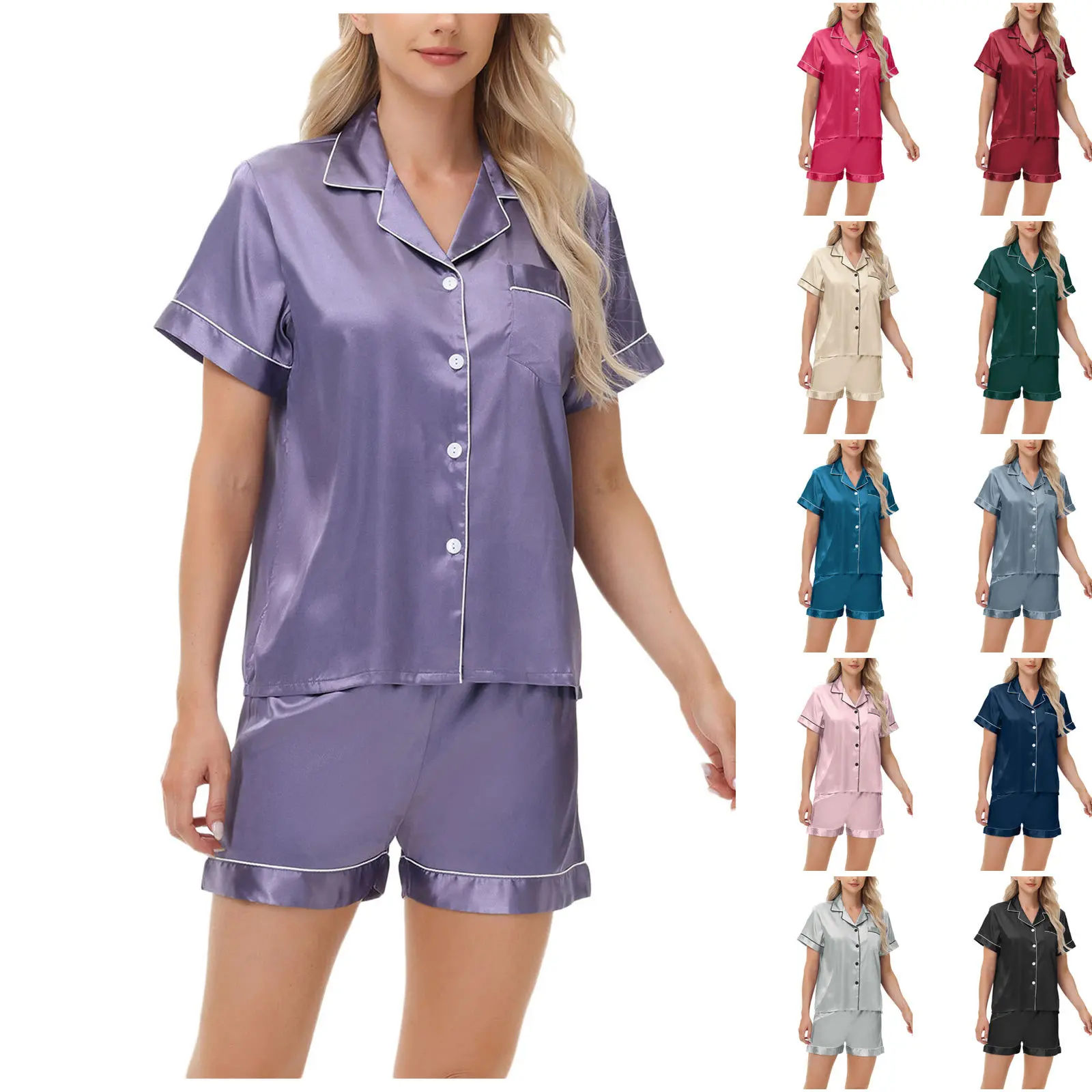 Pajamas for Women Short Sleeve Sleepwear Soft Button Down Loungewear 2 Piece Satin Pjs Shorts Set