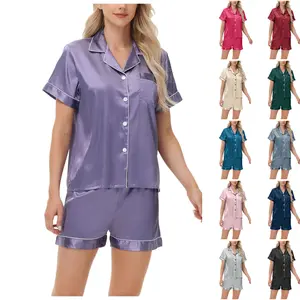 Silk Pajamas for Women Short Sleeve Sleepwear Soft Button Down Loungewear 2 Piece Satin Pjs Shorts Set