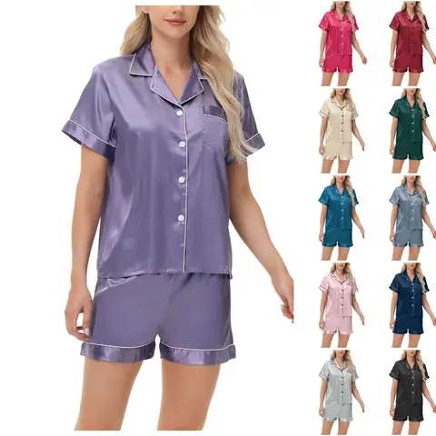 Women's 2-Piece Stretchy Elastic Satin Pajama Set - Breezy Short-Sleeve Button-Down Sleepwear, Loose Roomy Fit, Elegant Silhouette, Pajama Party Suitable, M Size