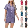 Women's 2-Piece Stretchy Elastic Satin Pajama Set - Breezy Short-Sleeve Button-Down Sleepwear, Loose Roomy Fit, Elegant Silhouette, Pajama Party Suitable, M Size