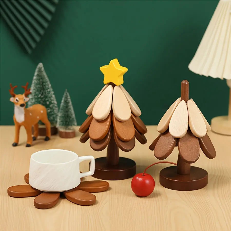 Cute Wooden Christmas Tree Coaster, Creative Real Wood Insulation Pad, Desktop Dining Mat, Pot Insulation Pad, Tableware Protector