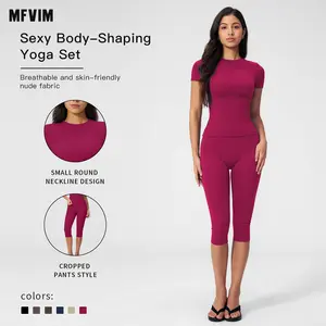 MFVIM Women’s Breathable Body-Shaping Yoga Outfit, High-Waisted Quick-Dry Fitness Wear, Versatile Three-Quarter Shorts Sports Set