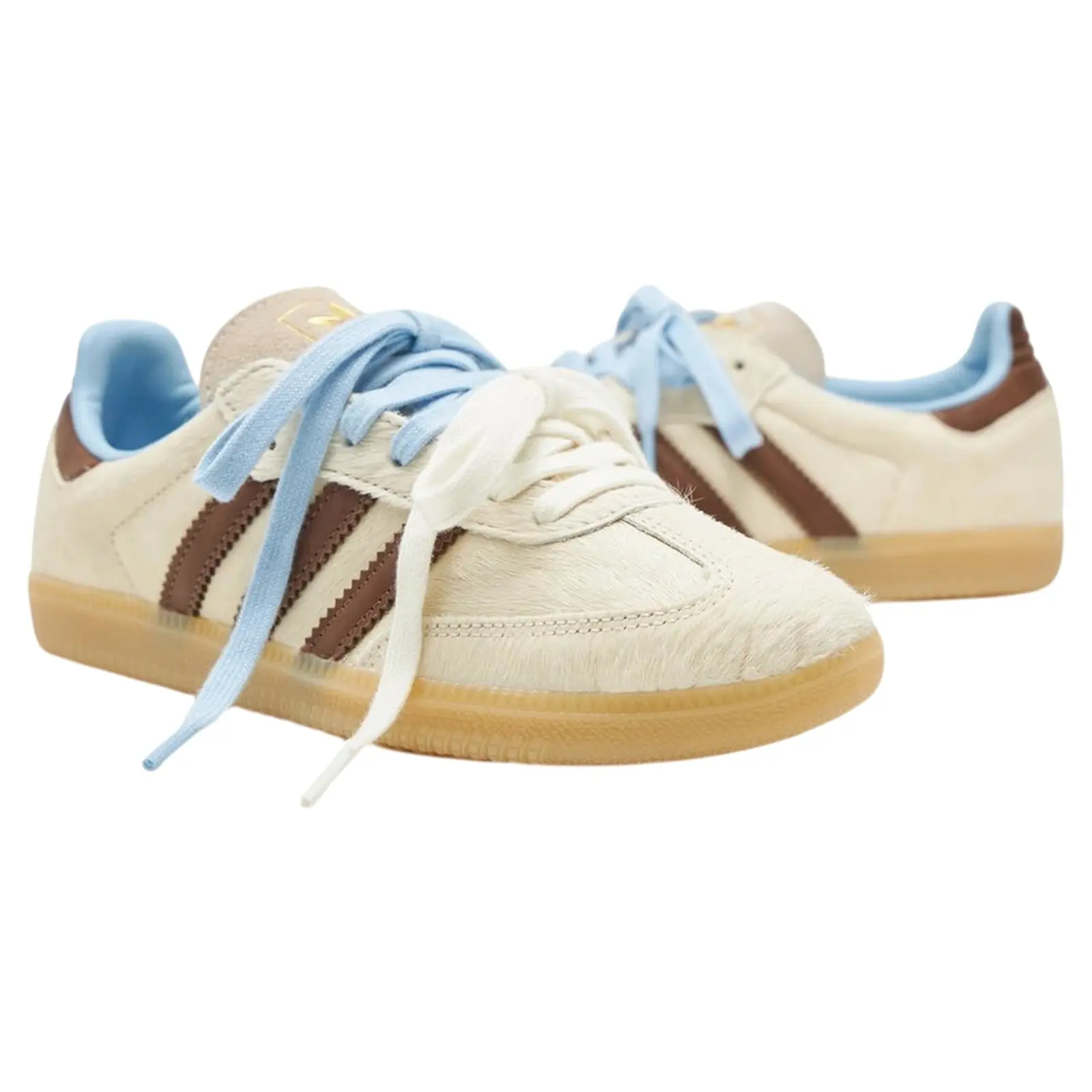 Adidas Samba OG Quirky Casual Trainers - Authentic Cream Dark Brown Blue Pony Hair Floral Embroidered Women's Mid-Top Athletic Shoes, Overseas Exclusive Designer Ready-to-Ship, Footwear, Sneaker, Walking Shoes, Sports Shoes