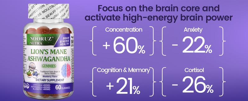TikTokShopBlackFriday NOORUZ Ashwagandha & Lion's Mane & Blueberry Gummies Vegan Plant-Based Extracts/GMO-Free/Gluten-Free/Gelatin-Free Supports Cognitive and Memory Health Essential Minerals Supplement Essential Aminos Adaptogenic Mushrooms Healthcare