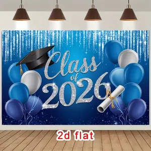 Class of 2026 Graduation Backdrop Banner, Blue Silver Color Glitter Balloon Design, Perfect for 2026 Graduation Parties & Photo Booths