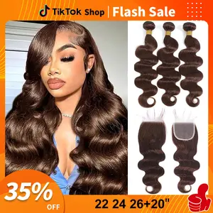 10A Light Brown Body Wave Human Hair Bundles with Lace Closure  grossy hair bundles with closure Raw human hair bundles with Frontal Brazilian Virgin Hair 3 Bundles with Lace frontal with Baby Hair valentines gifts for gf