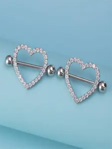 Punk Heart Shaped Nipple Ring, 2pcs Rhinestone Decorated Stainless Steel Body Piercing Jewelry for Daily Wear, Punk Rock Party Accessories for Men and Women