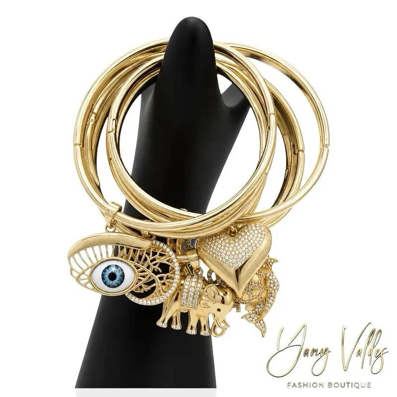 Gold Tone Charm Bangle Bracelet 60mm | 5mm Width | Multiple Charm Options