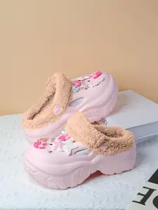 Women's Cute Cartoon Star & Bow Decor Plush Clogs, Casual Comfortable, Home Slippers, Warm Slippers for Indoor & Outdoor Use for Fall & Winter, Slippers Shoe