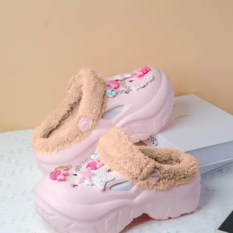 Women's Cotton Holey Shoes, Winter Warm Fashion Slippers, Cute Anti-Slip Heightened Cotton Shoes, Star Puppy Chain Decor, New Winter Style