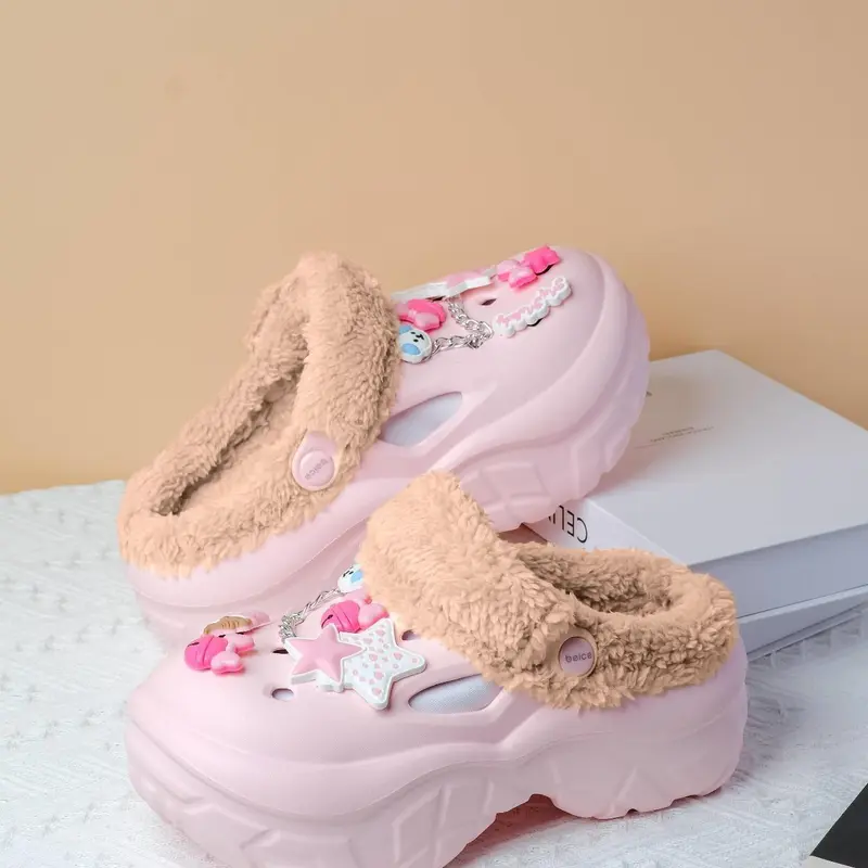 Women's Cotton Holey Shoes, Winter Warm Fashion Slippers, Cute Anti-Slip Heightened Platform Cotton Shoes, Star Puppy Chain Decor, New Winter Style