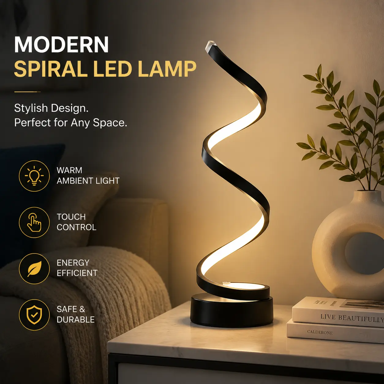 Spiral-Form LED Table Lamp, Dimmable Adjustable-Light USB Nightstand Lamp with 3 Color Modes, Decorative Lights for Bedroom Indoor Decor