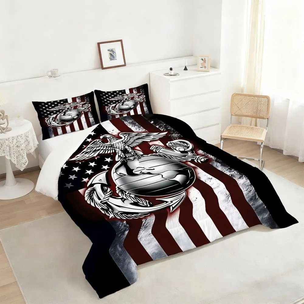 2/3Pcs Military Inspired Eagle Globe Anchor Comforter Set, Distressed American Flag Bedding Set, Patriotic Themed  Comforter for Bold Bedroom Decorations. 1 or 2 Pillowcase No Pillow Core