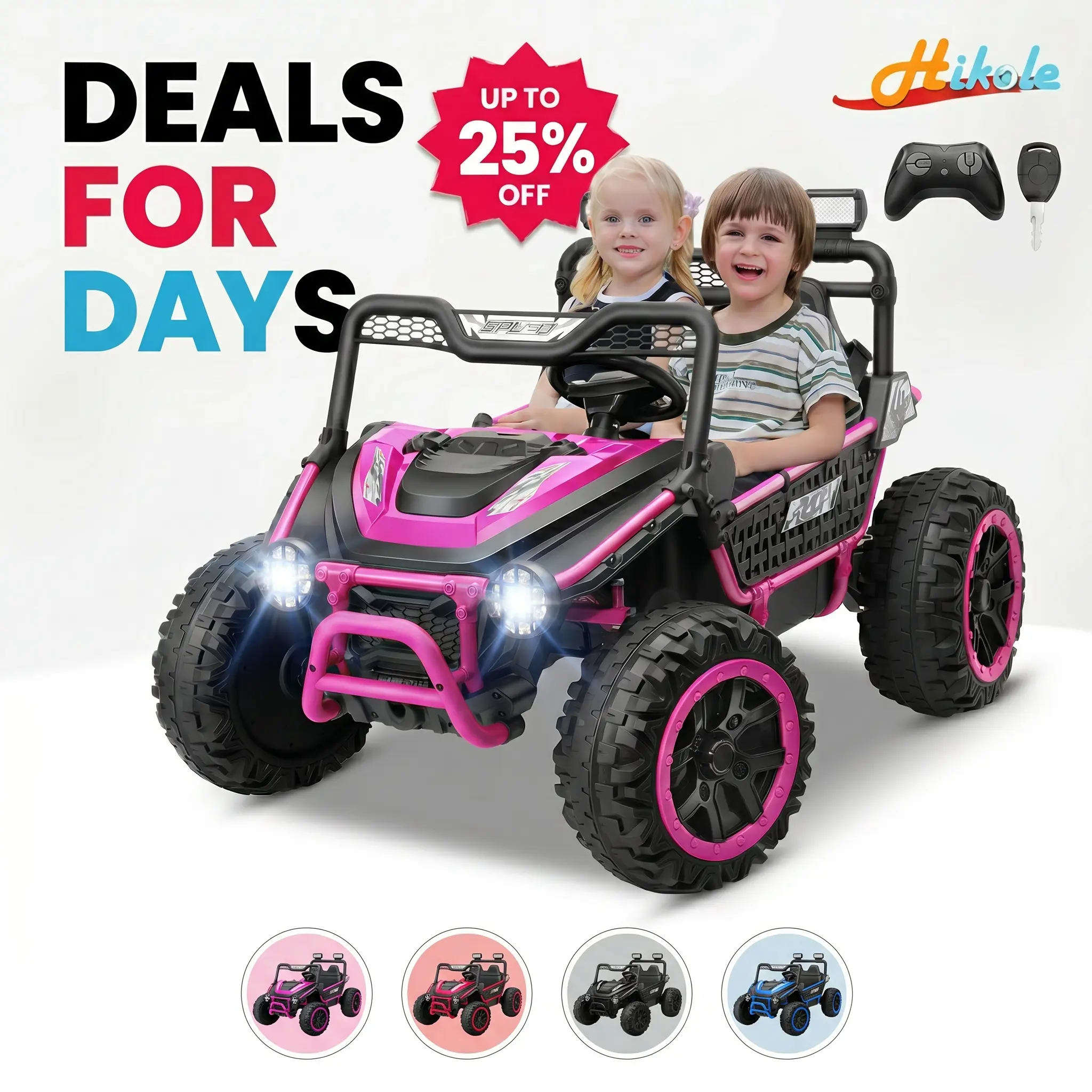 Hikole 24V Ride-On Toys for Big Kids – 2-Seater UTV Truck w/ Remote, Key Start, Metal Frame & Spring Suspension | Ages 4-8,SummerVibes Ride On Atv Ride On Wheels Ride On Car dirtbike