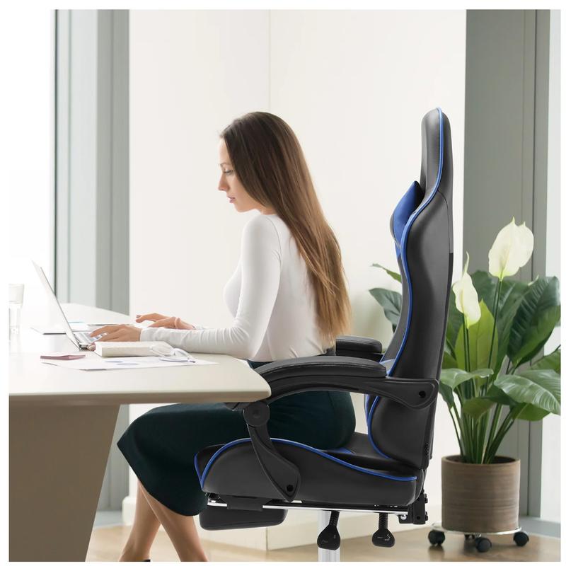 Gaming Chair with Footrest, Ergonomic Office Computer Desk Chair w/Spring Cushion, Lumbar Support & Headrest, Black/Blue