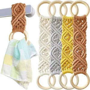 4 Pcs Boho Macrame Towel Holder Ring, Crochet Hanging Kitchen Dish Towel Holder, Handmade Kitchen Towel Hanger with Wood Hanging Loop for House Oven Stove Door
