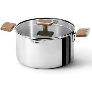 CAROTE 6QT Stainless Steel Stock Pot with Glass Lid, Large Soup Pot with Wood-Grain Handles, Deep Pot for Soup, Pasta & Stew