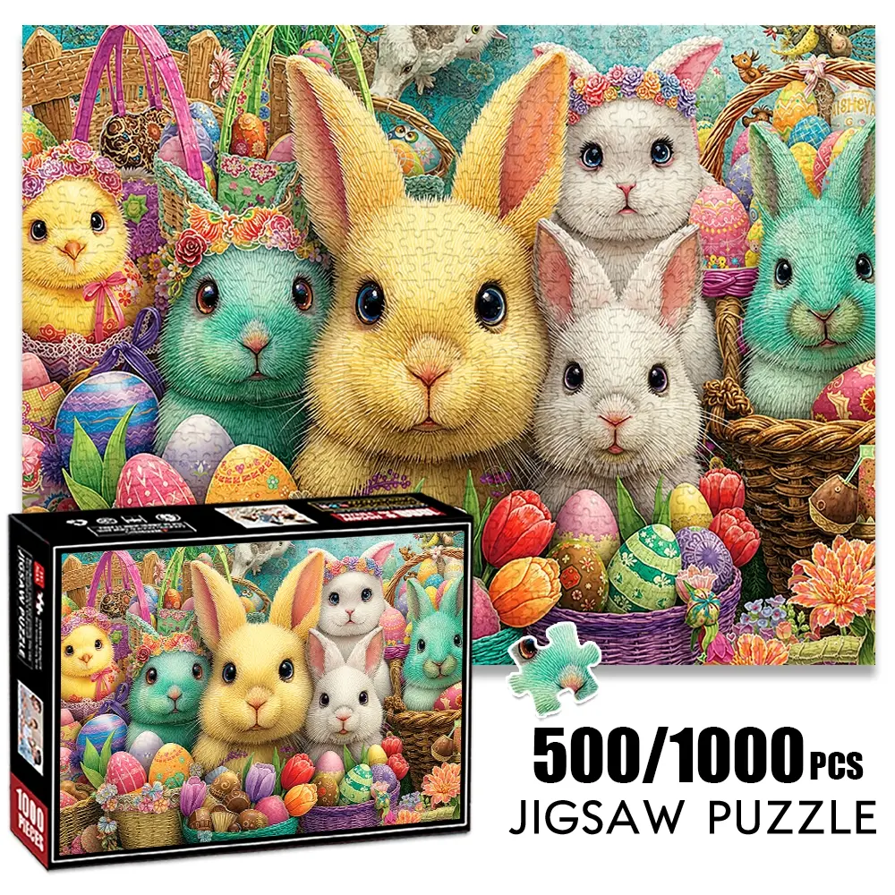 1pc 1000 piece adult puzzle 70x50cm Easter Bunnies, Chick and Decorated Eggs with Baskets and Flowers 500 pieces of paper jigsaw puzzle, suitable for adults and families, large-scale DIY puzzle in