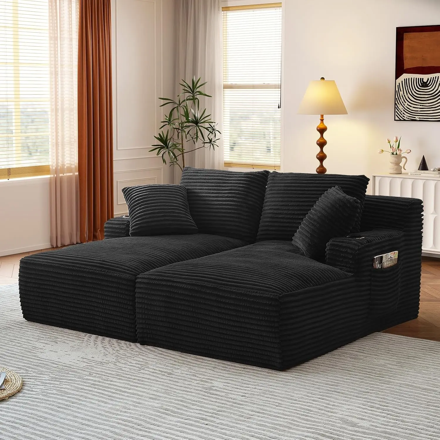 Oversized Chaise Lounge Chair, Modular Modern Comfy Cloud Corduroy Fluffy Memory Foam Boneless Deep Loveseat Lounge Sofa Couch Chair with 2 Cup Holders for Living Room Bedroom Apartment, Black