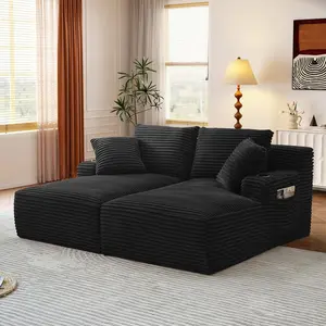 Oversized Chaise Lounge Chair, Modular Modern Comfy Cloud Corduroy Fluffy Memory Foam Boneless Deep Loveseat Lounge Sofa Couch Chair with 2 Cup Holders for Living Room Bedroom Apartment, Black