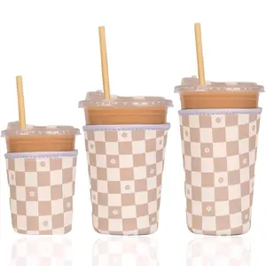 Tan Checkered Coffee Koozies - Coffee Sleeve, Iced Coffee, Drink Cooler, Trendy, Beverage Holder, Drinkware, Washable