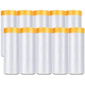 Painters Plastic With Tape, Pre-Taped Masking Film, 10 Rolls Automotive  Tape and Drape,  Adhesive Protective Film Roll for Covering Skirting, Frames,  and Auto  (5 X 65-) (10)