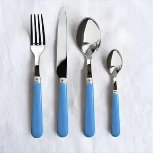16 Piece Stainless Steel Cutlery/Cutlery Set - Blue Handle - 4 x Salad Forks, 4 x Dinner Knives, 4 x Dinner Spoons, 4 x Dessert Spoons - Serves 4 (Blue, 16 pcs)